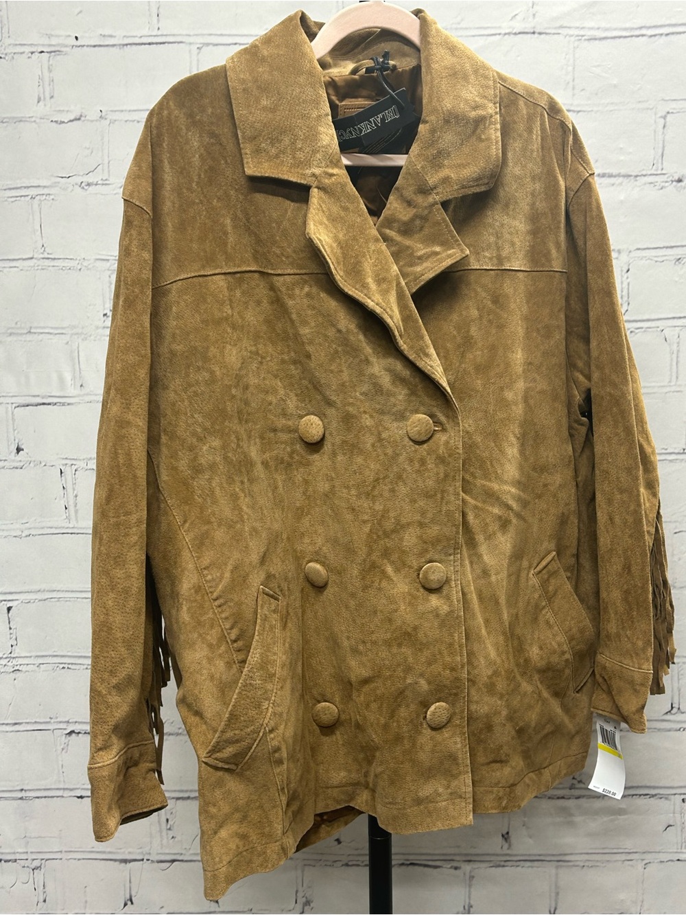 Blank NYC Tan Suede Double-Breasted Fringe Pea Coat